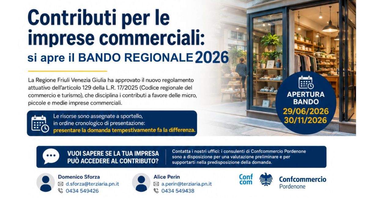 Contributi per le imprese commerciali: apre il bando regionale 2026.