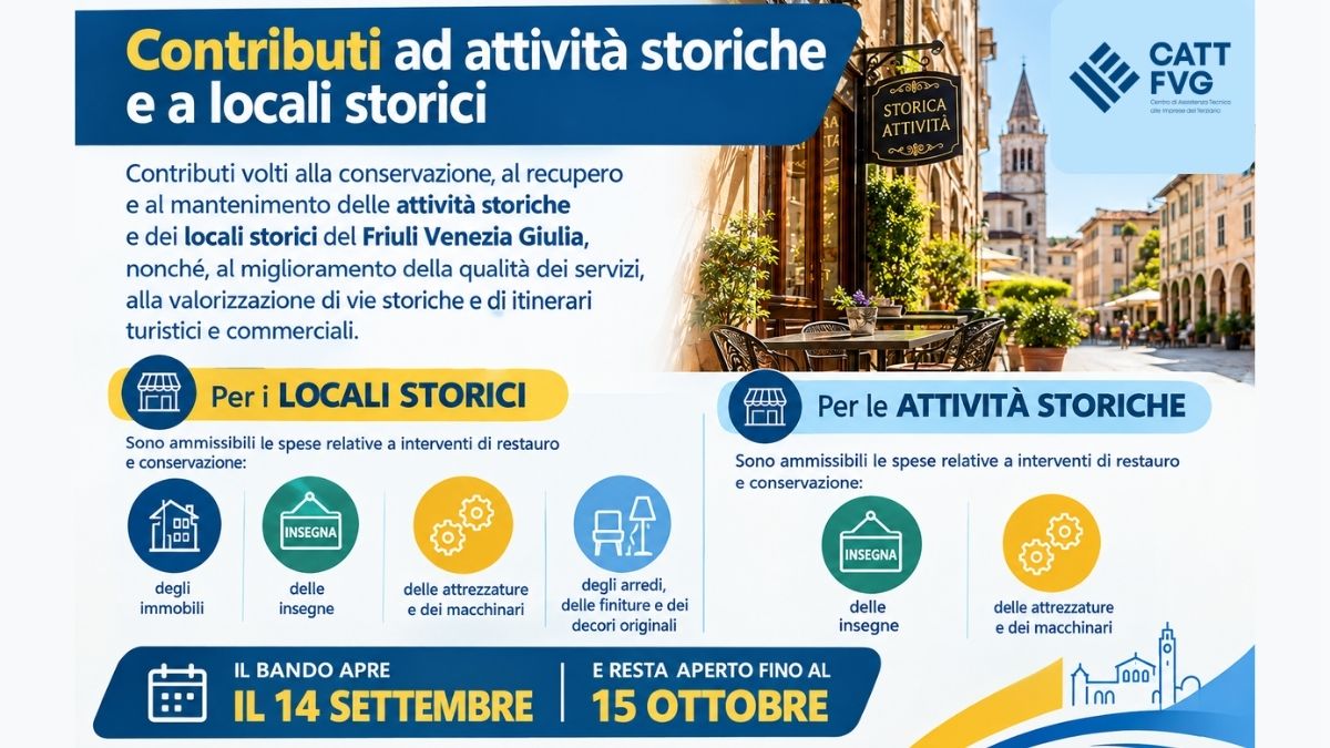 Contributi ad attività storiche e a locali storici: apertura bando il 14 Settembre 2026.