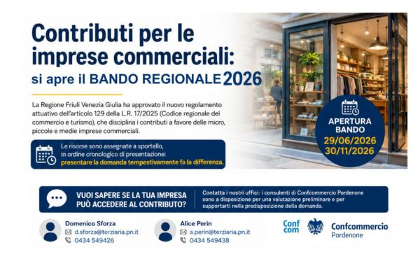 Contributi per le imprese commerciali: apre il bando regionale 2026.